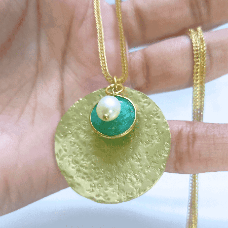Big Hammered disc with emerald and pearl stone necklace, Handmade jewelry